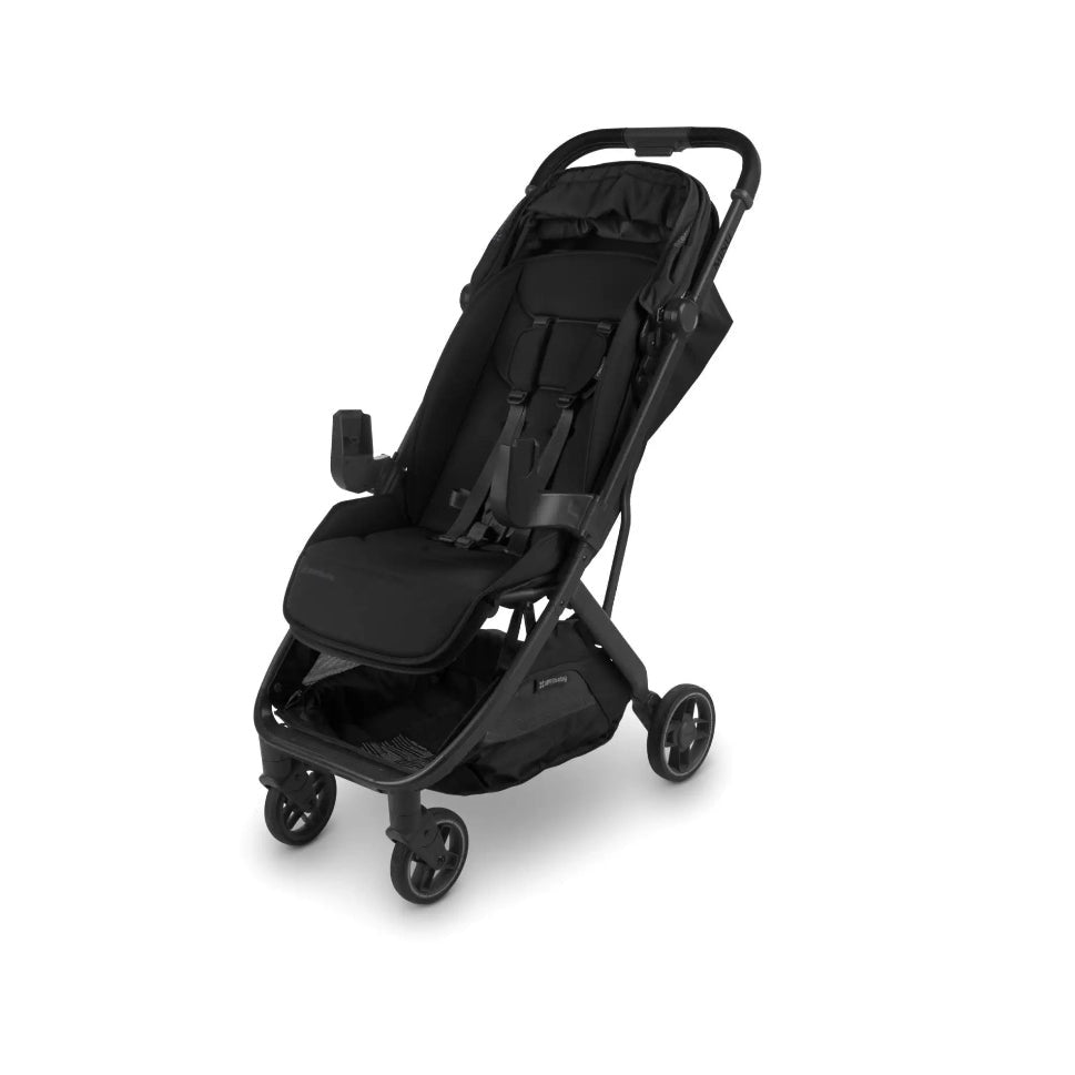 UPPABABY Minu V3 stroller in black with adjustable seat and four-wheel chassis