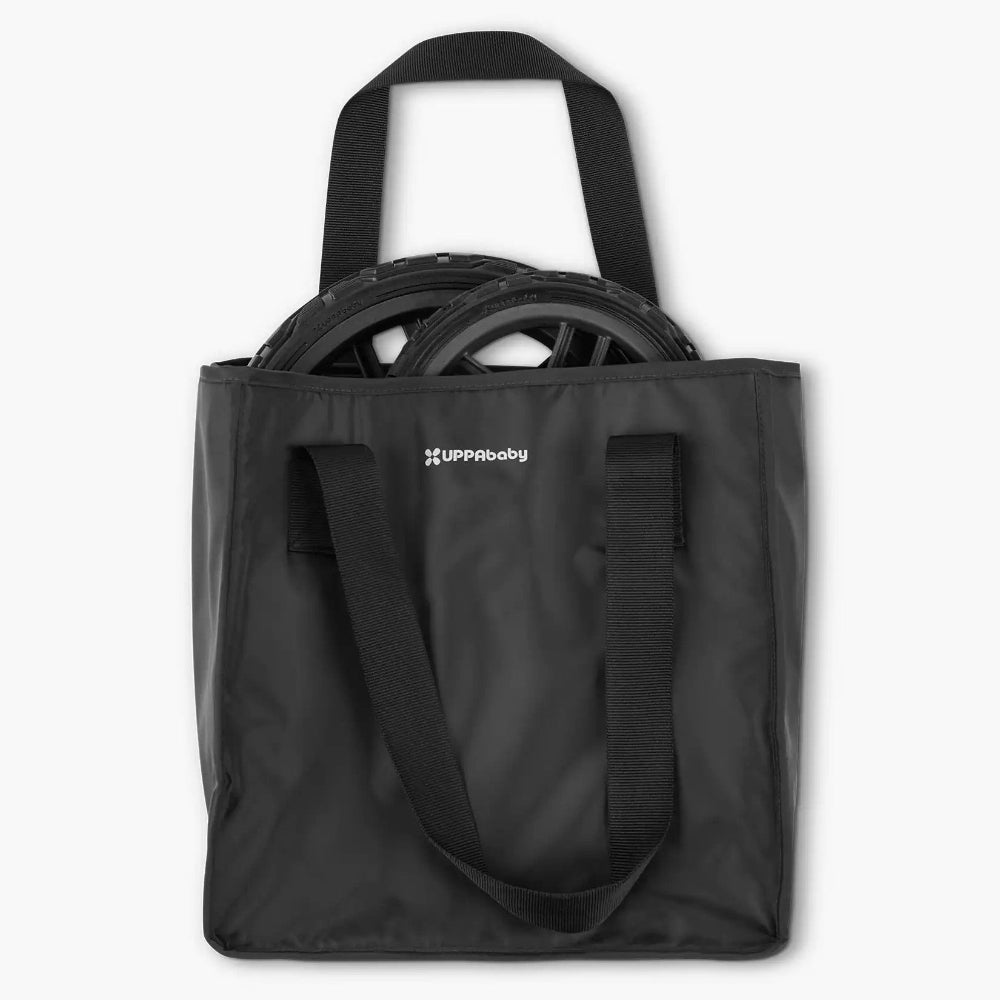 UPPAbaby All-Terrain Wheels for Vista in a black tote bag; two wheels visible