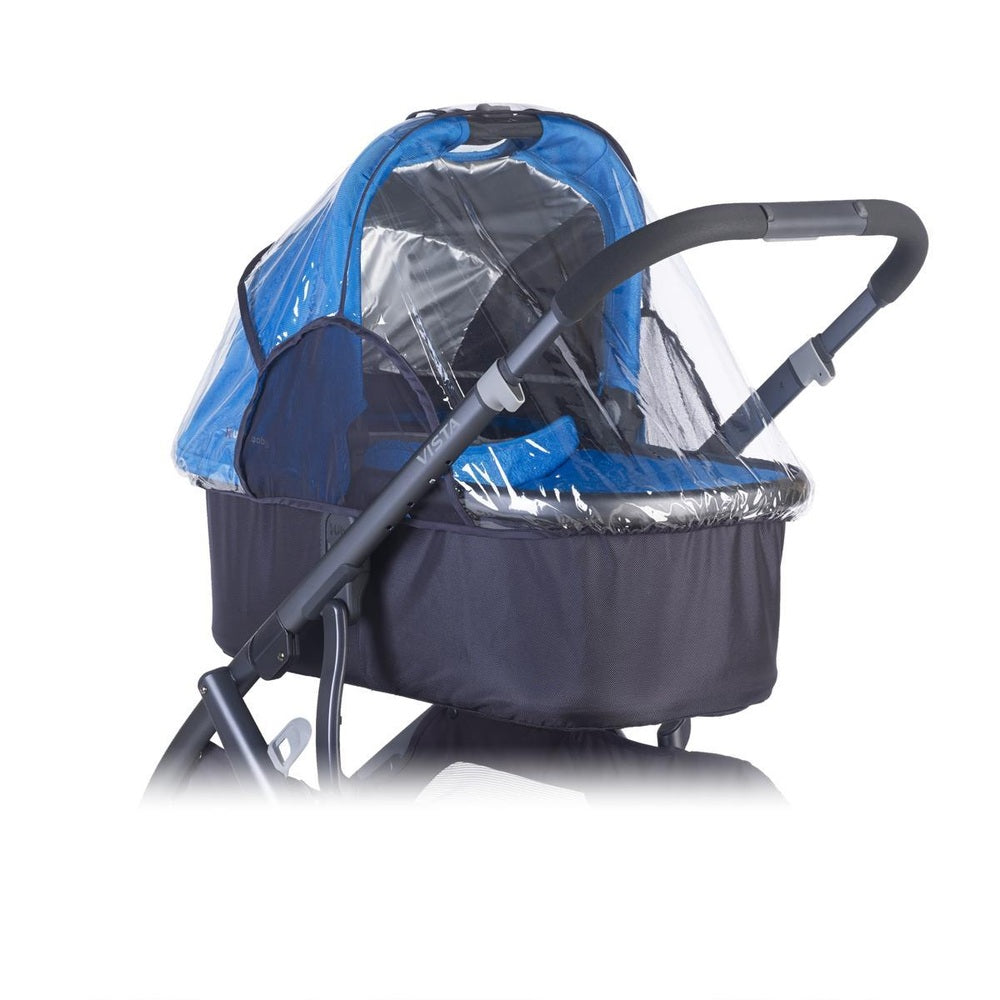 Uppababy Bassinet Rain Shield on a blue bassinet stroller with clear canopy, protecting baby from rain.
