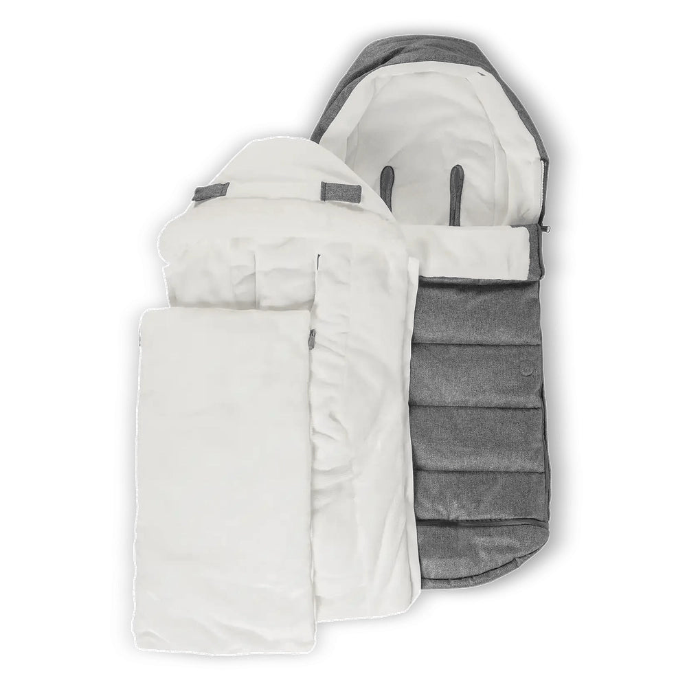 UPPABABY Cozy Ganoosh stroller footmuff in gray with white lining, shown ready to wrap baby warm.