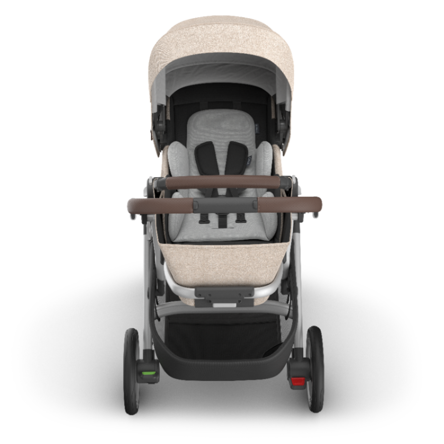 Uppababy Cruz V3 stroller, beige fabric with gray seat and brown handlebar, front view
