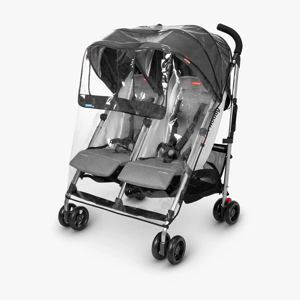 Uppababy G-Link 2 rain shield for double stroller with clear canopy and gray upholstery