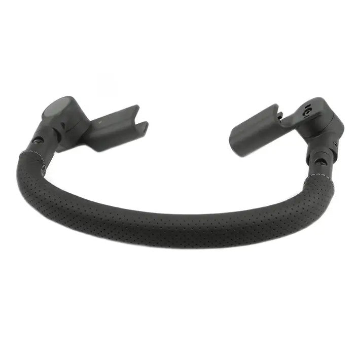 UPPABABY Minu Duo bumper bar in black perforated grip, curved stroller accessory shown attached to the frame.
