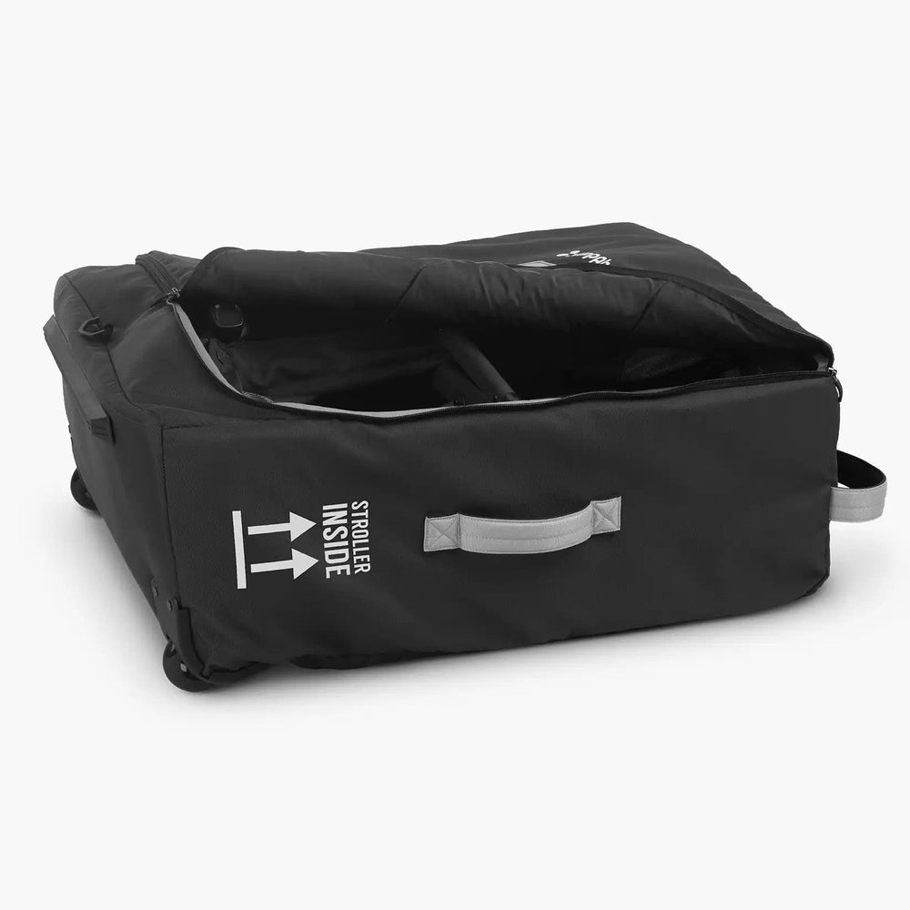 Uppababy Minu Duo travel bag, black with gray carry handles and wheels; stroller inside graphic.
