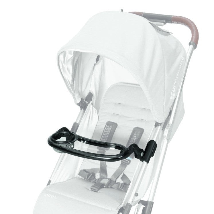 Uppababy Minu snack tray mounted on a white stroller with a black plastic tray