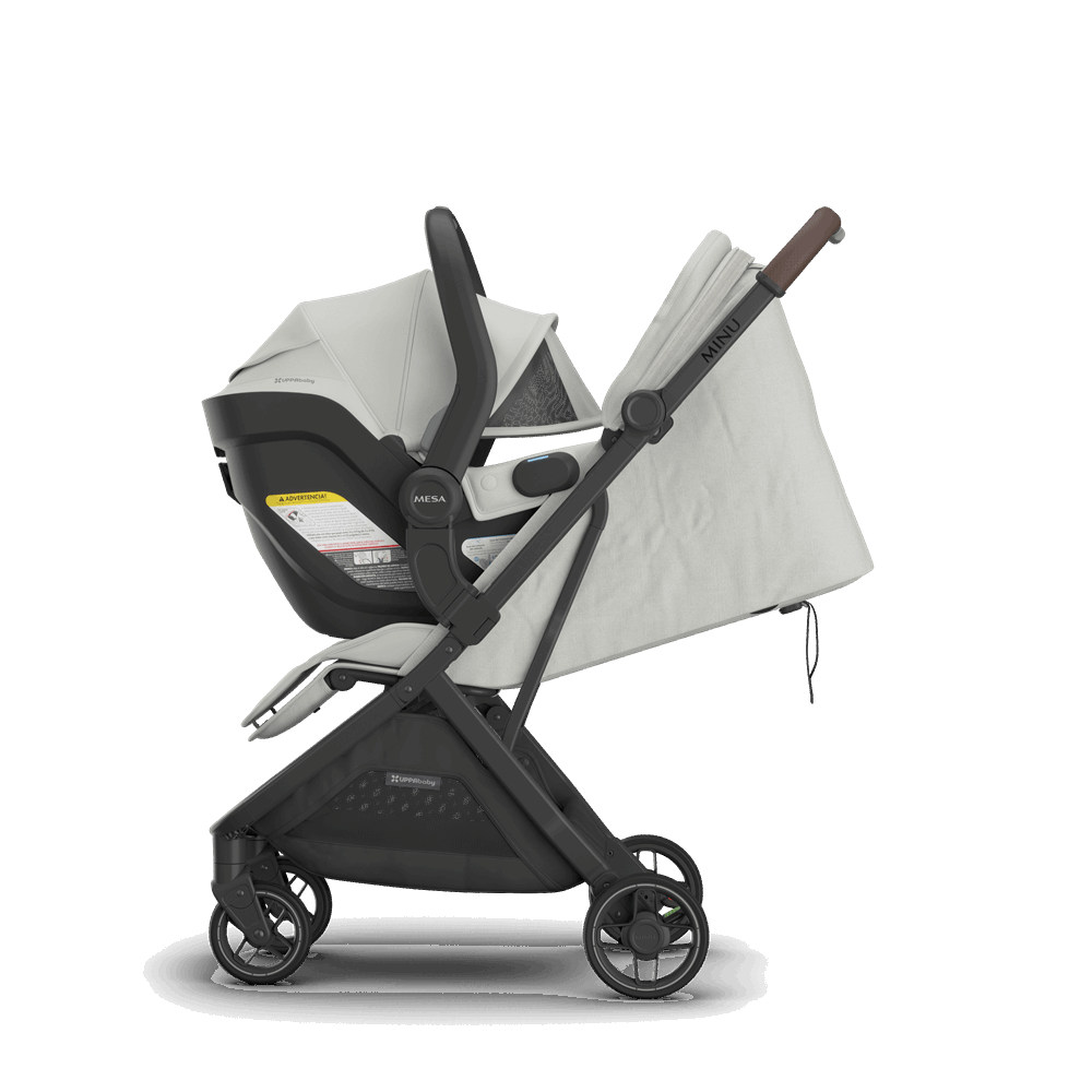 UPPAbaby Minu V3 stroller with bassinet attached; light gray fabric, black frame and wheels