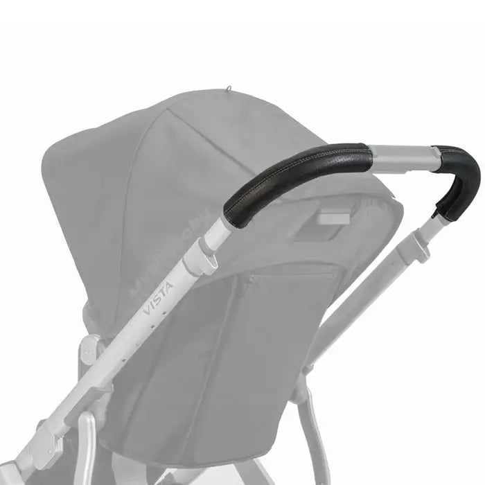 Uppababy Vista leather handlebar cover with black grip on grey stroller frame