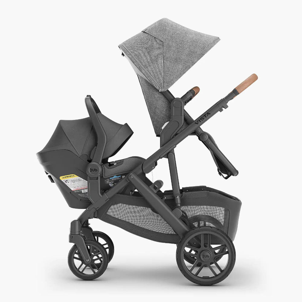 UPPABABY Vista lower adapters for stroller system, sold in pairs, shown mounted on a black stroller frame.
