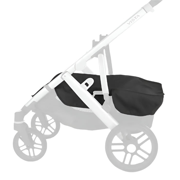 Uppababy Vista V2 basket cover on white stroller frame with black storage basket underneath
