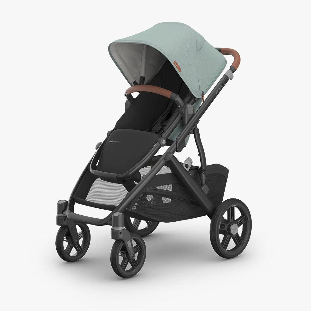 Uppababy Vista V3 stroller in sage green canopy, black frame, brown leather handlebar, ready-to-push with large storage basket.