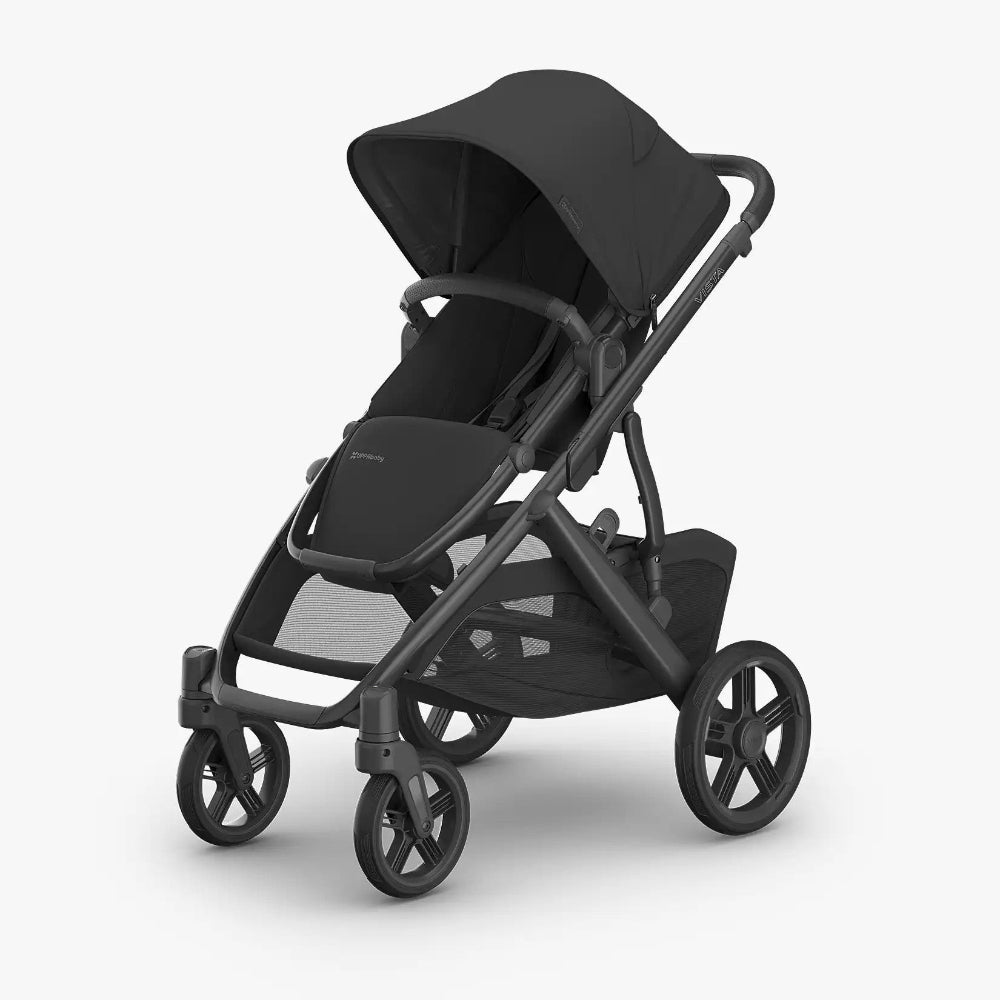 UPPABABY Vista V3 Stroller in black with canopy extended, padded seat, and spacious under-seat basket.