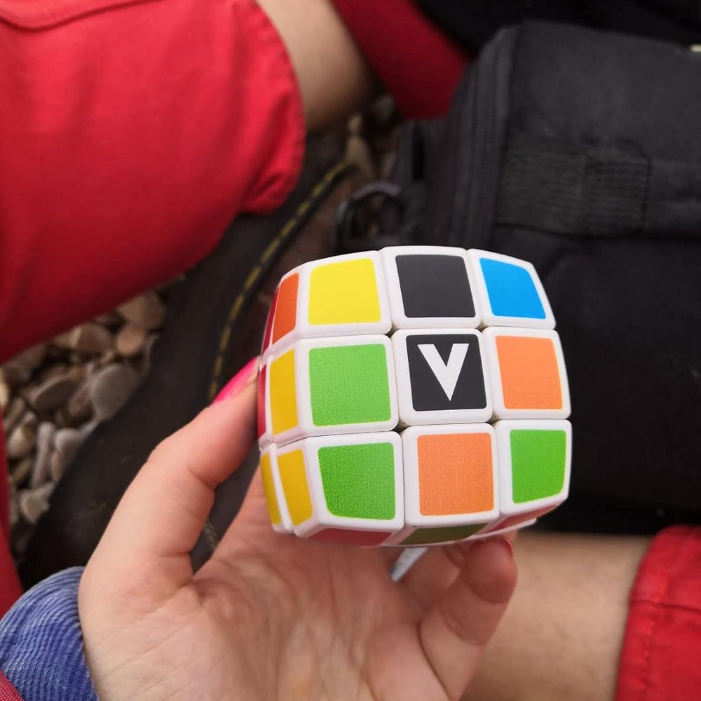 V-CUBE 3X3 Colour-Matching Puzzle Curved Cube; white plastic with multicolored stickers