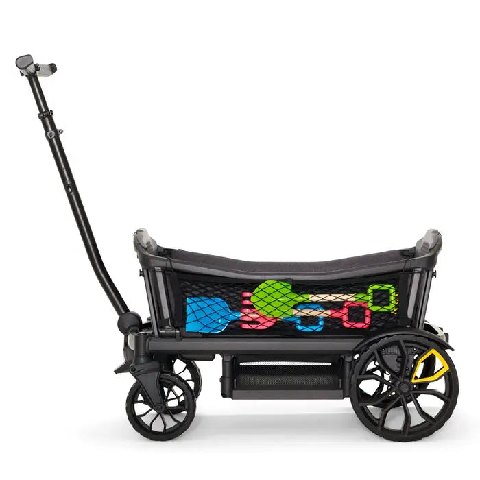 Veer Cargo Net for stroller with black mesh storage and colorful toys inside, VEER