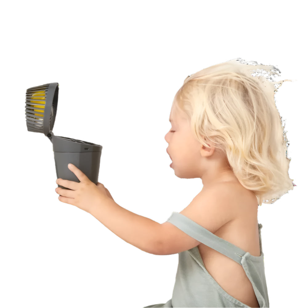 Veer Misting Fan, gray portable handheld fan with yellow misting insert for kids