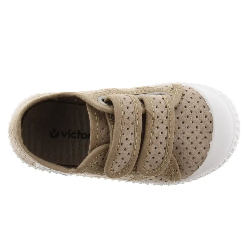 Victoria Hightops Imitation Suede Straps Beige sneakers with a perforated upper, two Velcro straps, and white sole.