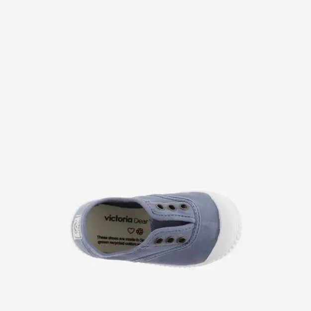 Victoria Shoes Rubber Toecap Canvas Tin Azul, blue canvas sneaker with white rubber toe cap viewed from top