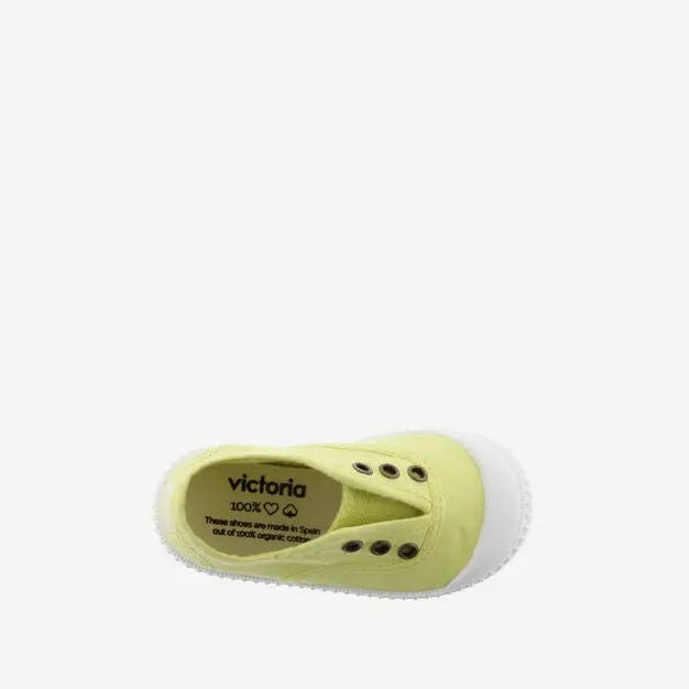 Victoria Shoes Rubber Toecap Canvas Tin Maiz for kids, lime-yellow canvas with white rubber toe cap.