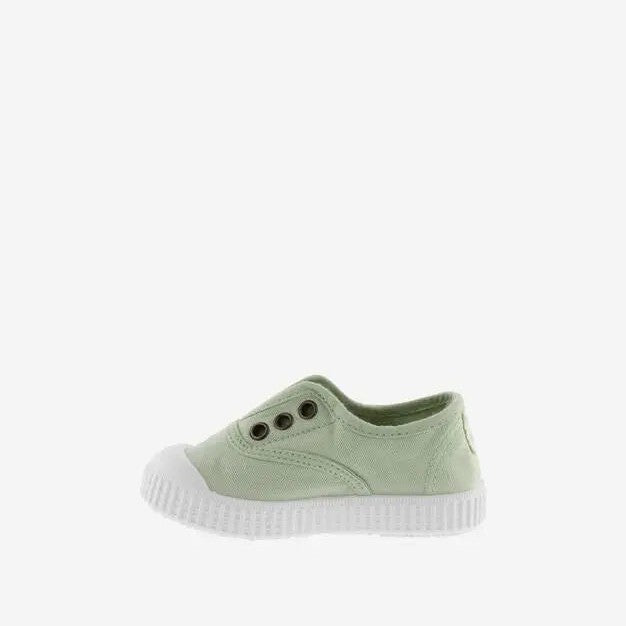 Victoria Shoes Rubber Toecap Canvas Tin Wasabi; mint green canvas sneaker with white rubber toe cap and sole.
