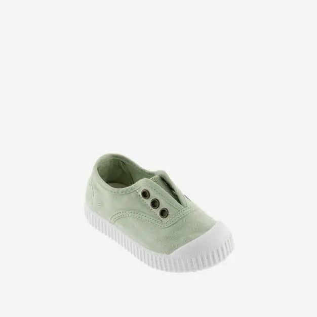Victoria Shoes Rubber Toecap Canvas Tin Wasabi kid's sneaker in green canvas with white rubber