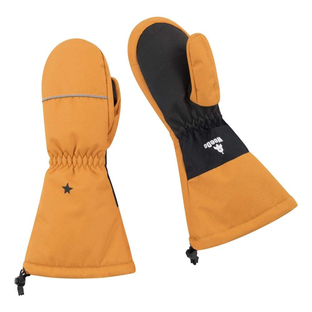 Weedo Foxdo Fox Gloves for kids, orange mittens with black textured grip palms and elastic cuffs.