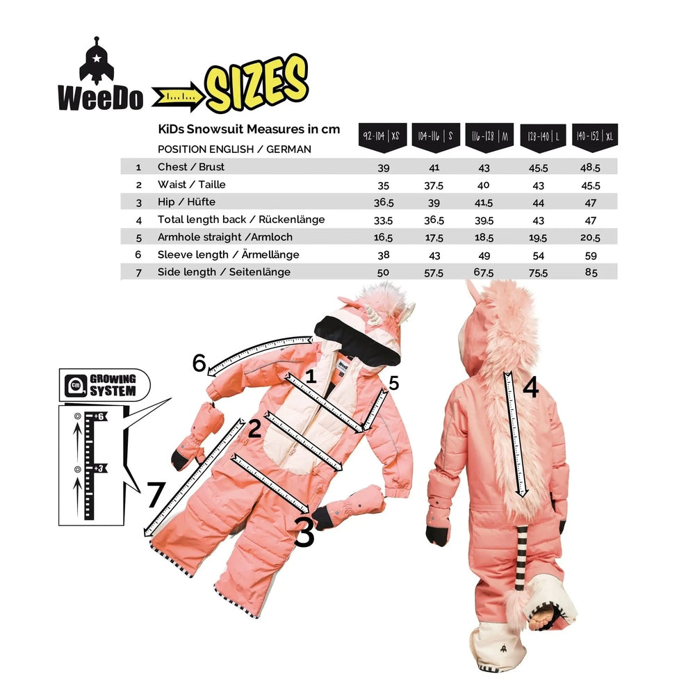 Weedo Love Pow Snow Suit, pink baby snowsuit with white faux-fur hood and black cuffs, shown worn by a child for cold weather.