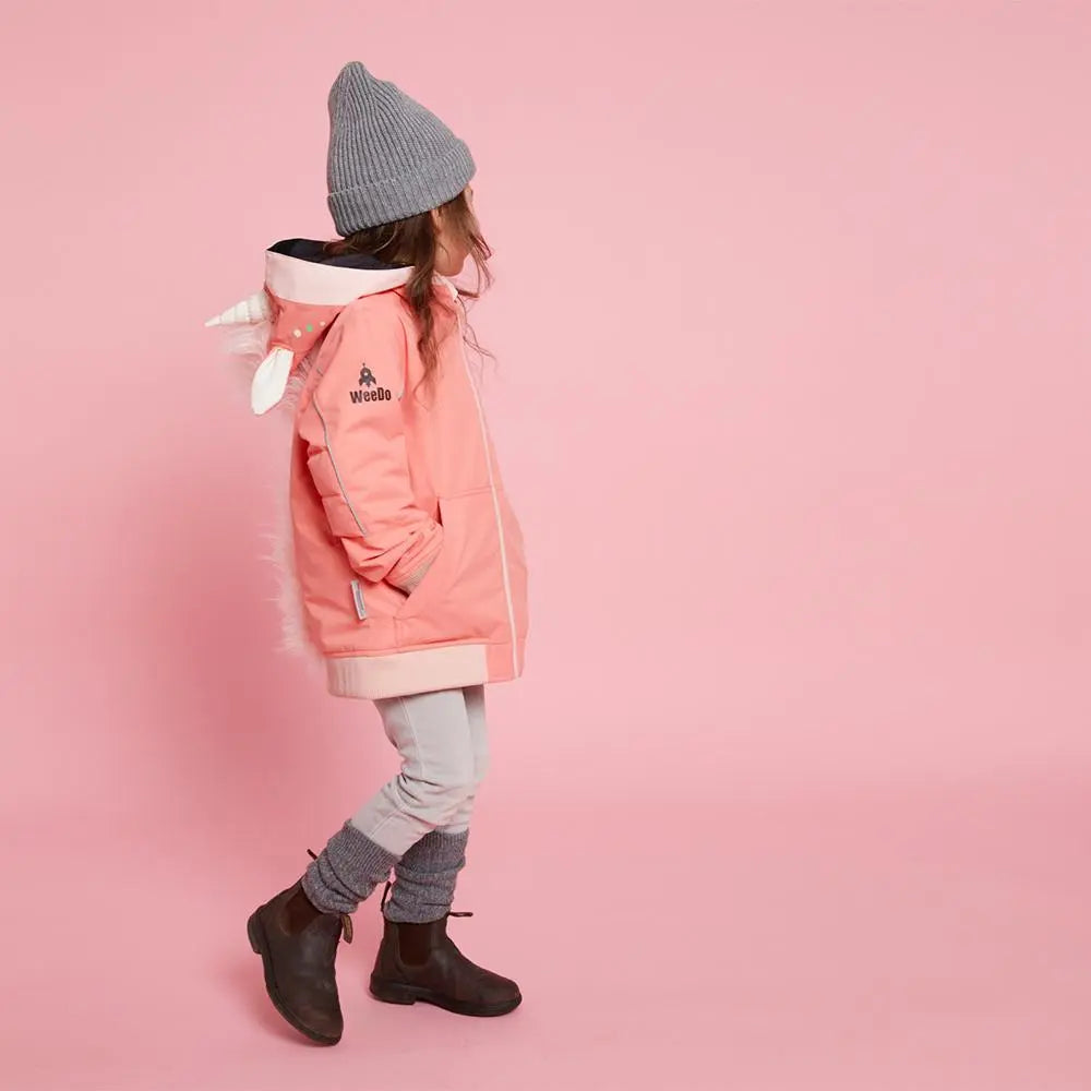 Weedo Unido Unicorn Snow Jacket worn by a child in pink with hood up, showcasing cozy insulation and unicorn accents.