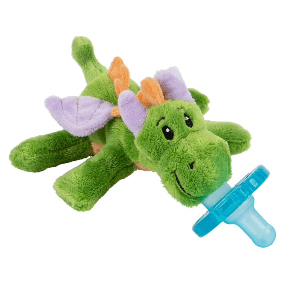WubbaNub Infant Plush Toy Pacifier Fairytale Dragon, a green dragon with purple wings holding a blue pacifier.
