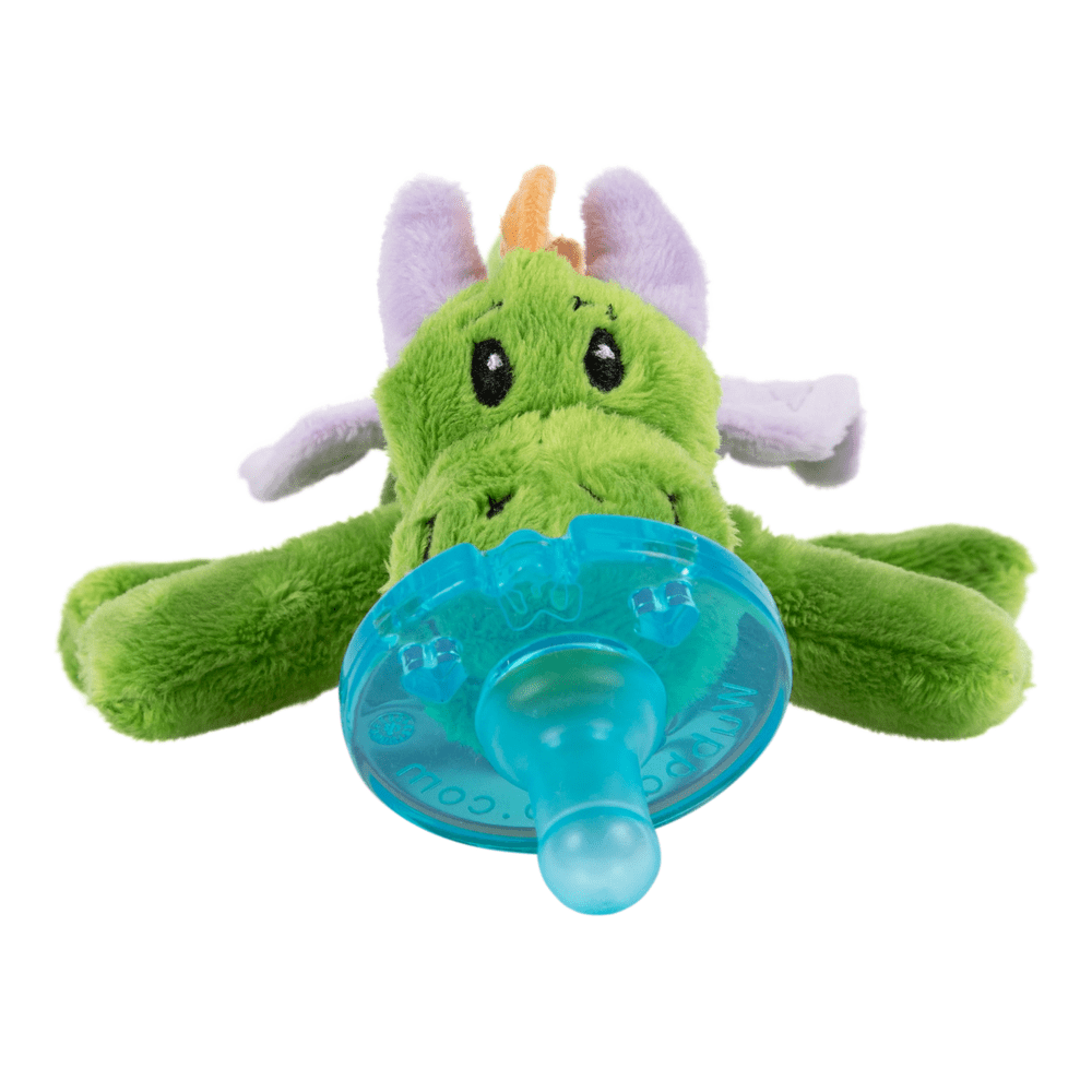 Aurora WubbaNub Infant Plush Toy Pacifier Fairytale Dragon in bright green with purple ears attached to a blue pacifier.