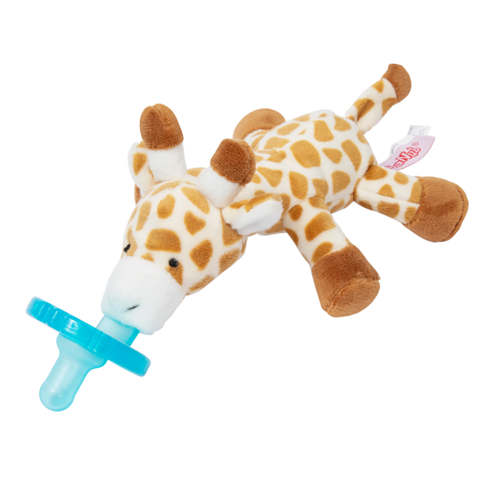 WubbaNub Infant Plush Toy Pacifier Giraffe by Aurora, tan giraffe plush with blue pacifier held in its mouth.