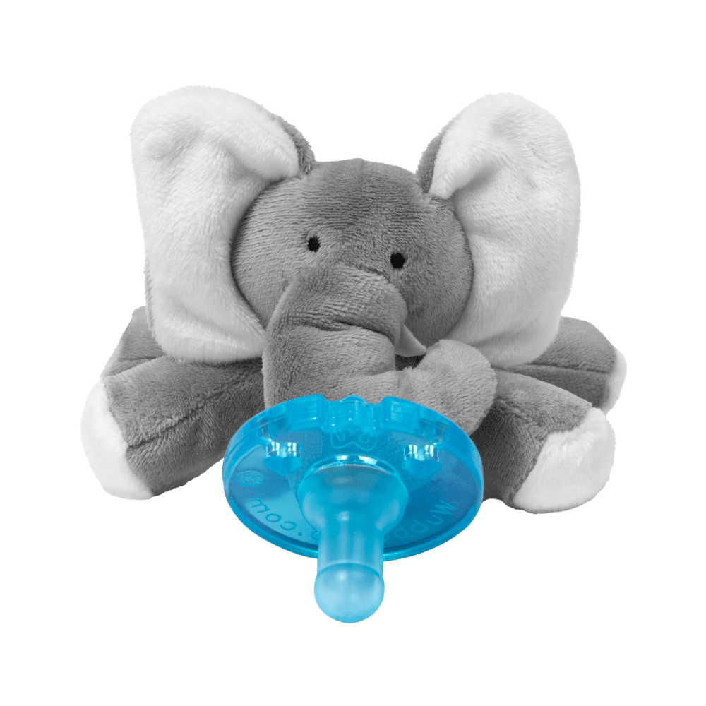 WubbaNub Infant Plush Toy Pacifier Grey Elephant with attached blue pacifier, cuddly and soothing