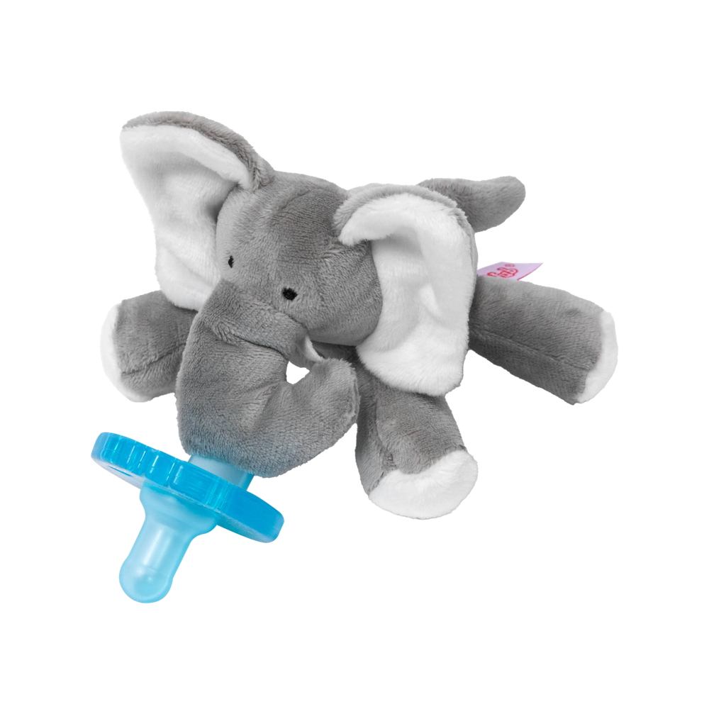 WubbaNub Infant Plush Toy Pacifier Grey Elephant with blue pacifier shield attached