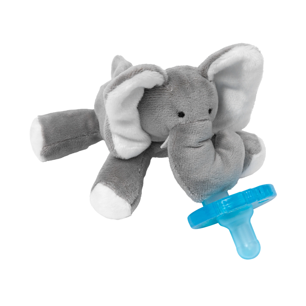 Aurora WubbaNub Infant Plush Toy Pacifier Grey Elephant, plush elephant with a blue pacifier attached to its trunk.