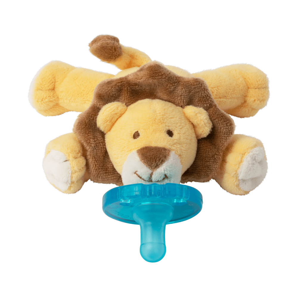 WubbaNub Infant Plush Toy Pacifier Lion by Aurora; yellow-brown lion plush with bright blue pacifier attached beneath its face.