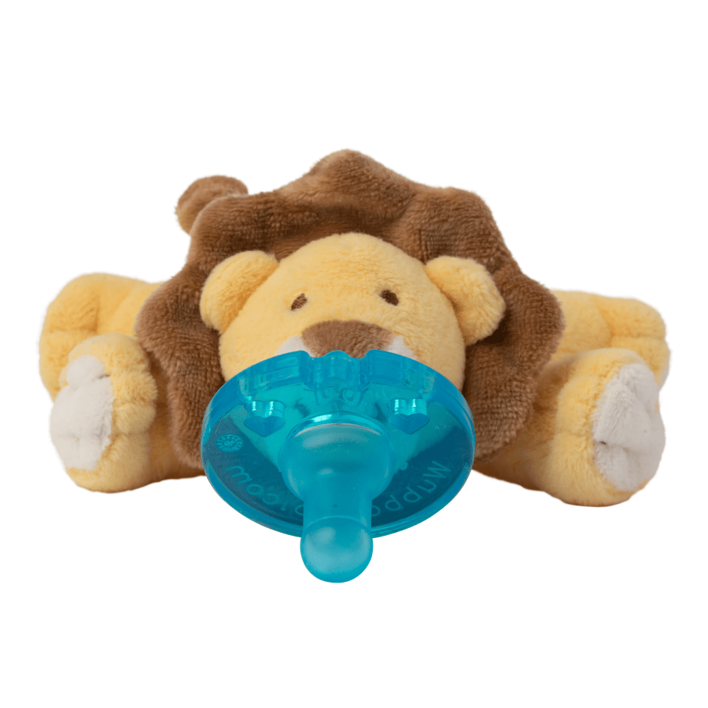 WubbaNub Infant Plush Toy Pacifier Lion by Aurora; brown mane, yellow body, blue pacifier in its mouth.