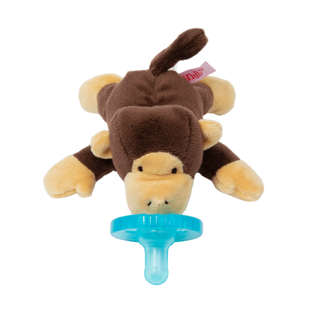 WubbaNub Infant Plush Toy Pacifier Monkey, brown plush with cream face, blue integrated pacifier attached.