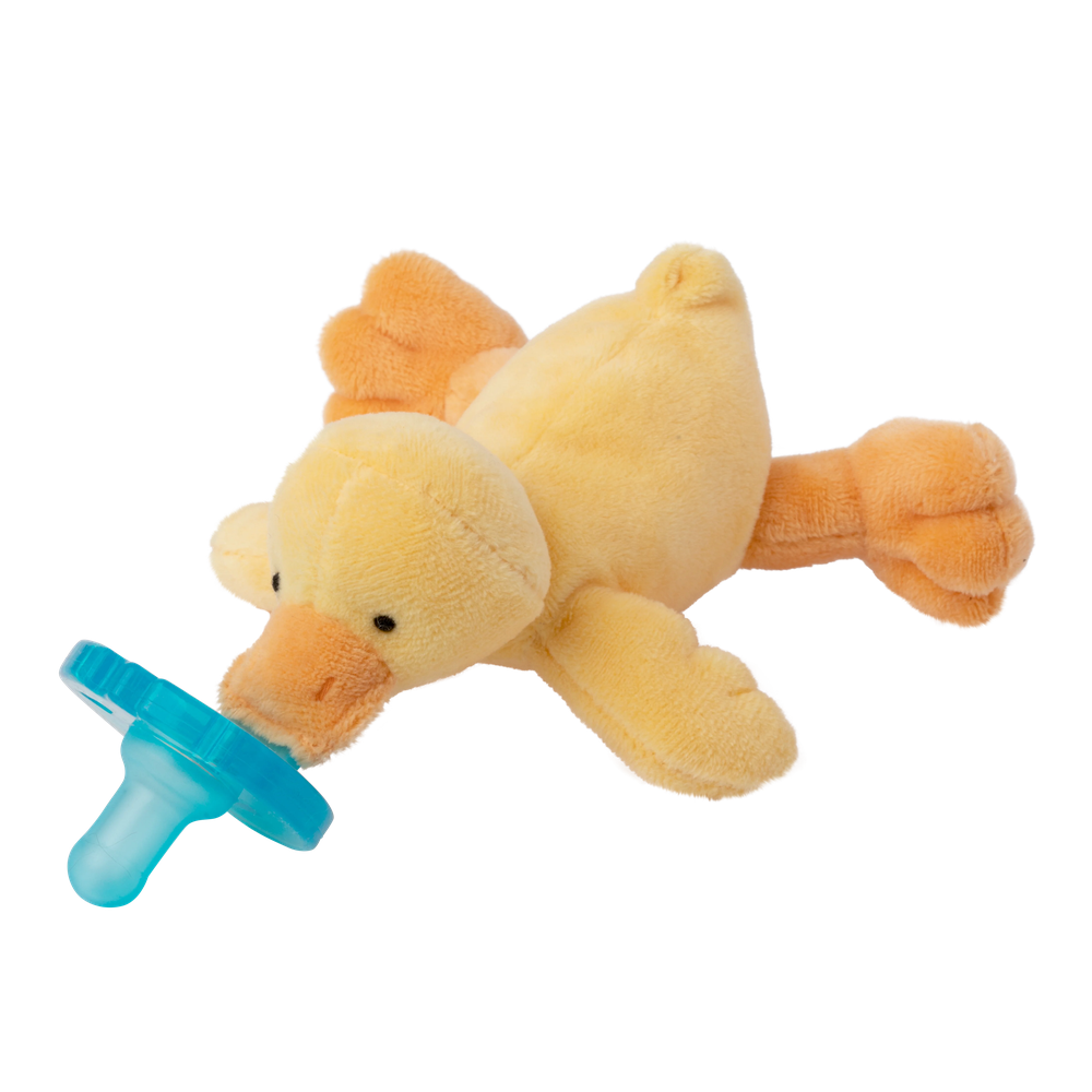 WubbaNub Infant Plush Toy Pacifier Orange Duck by Aurora, yellow plush duck with blue pacifier in its beak.