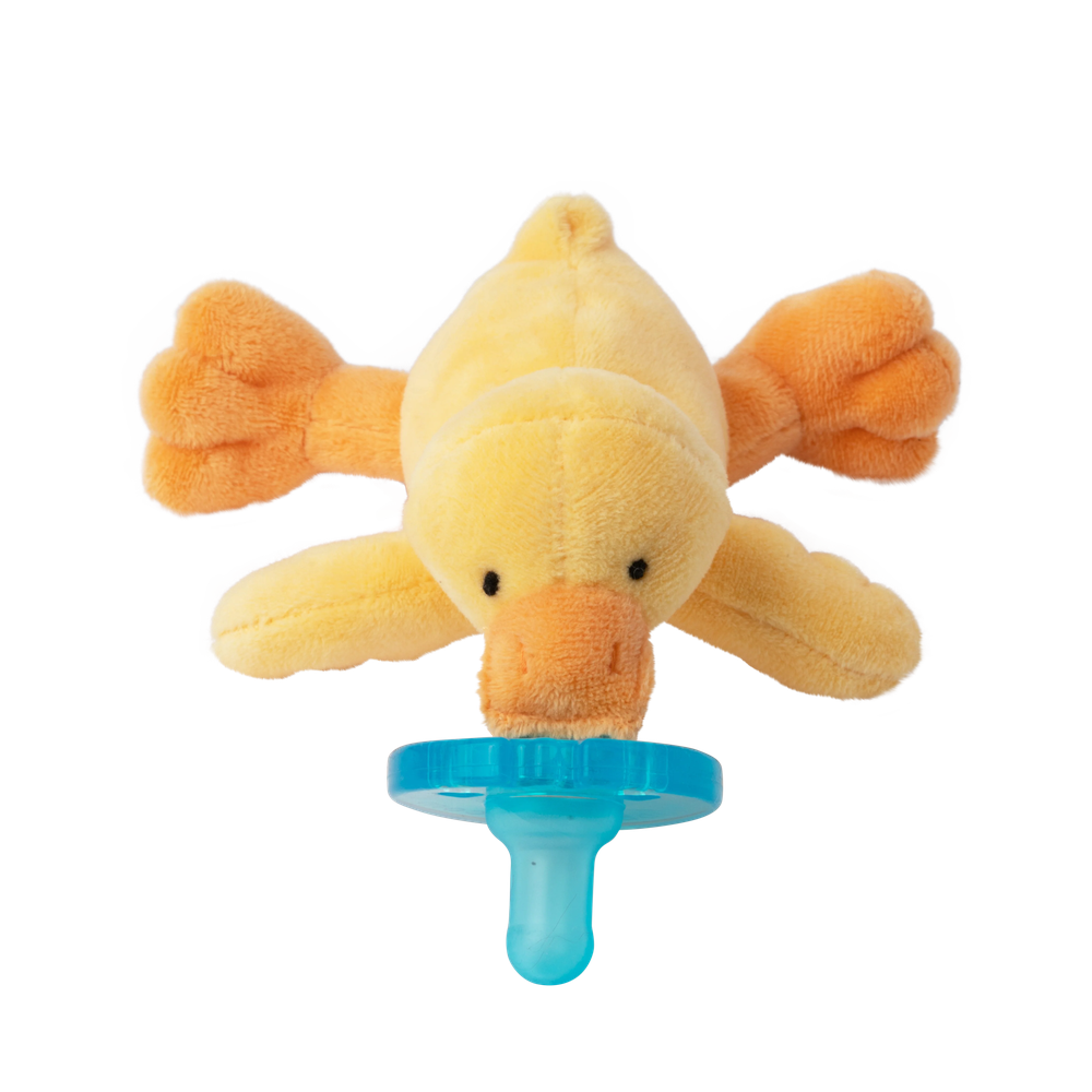 WubbaNub Infant Plush Toy Pacifier Orange Duck with blue handle; soft yellow duck attached to pacifier for soothing comfort.