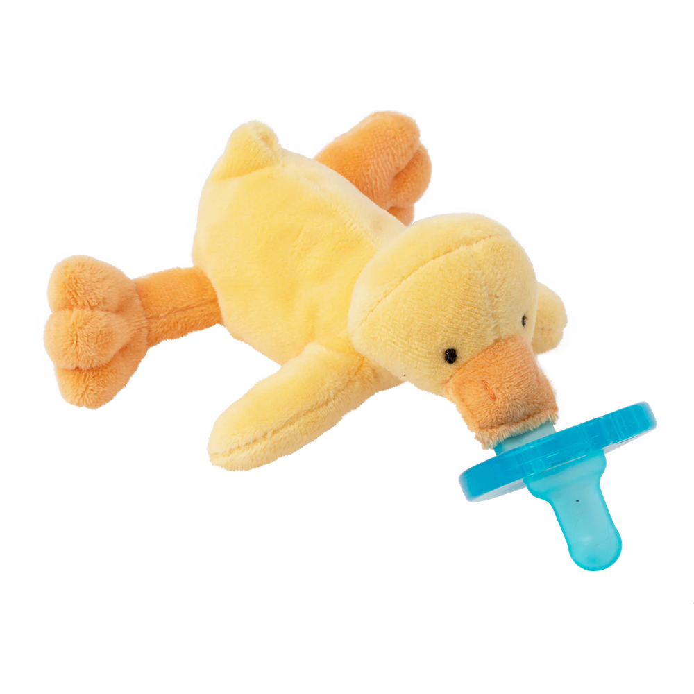Aurora WubbaNub Infant Plush Toy Pacifier Orange Duck, plush duck mouth holds a blue pacifier shield.
