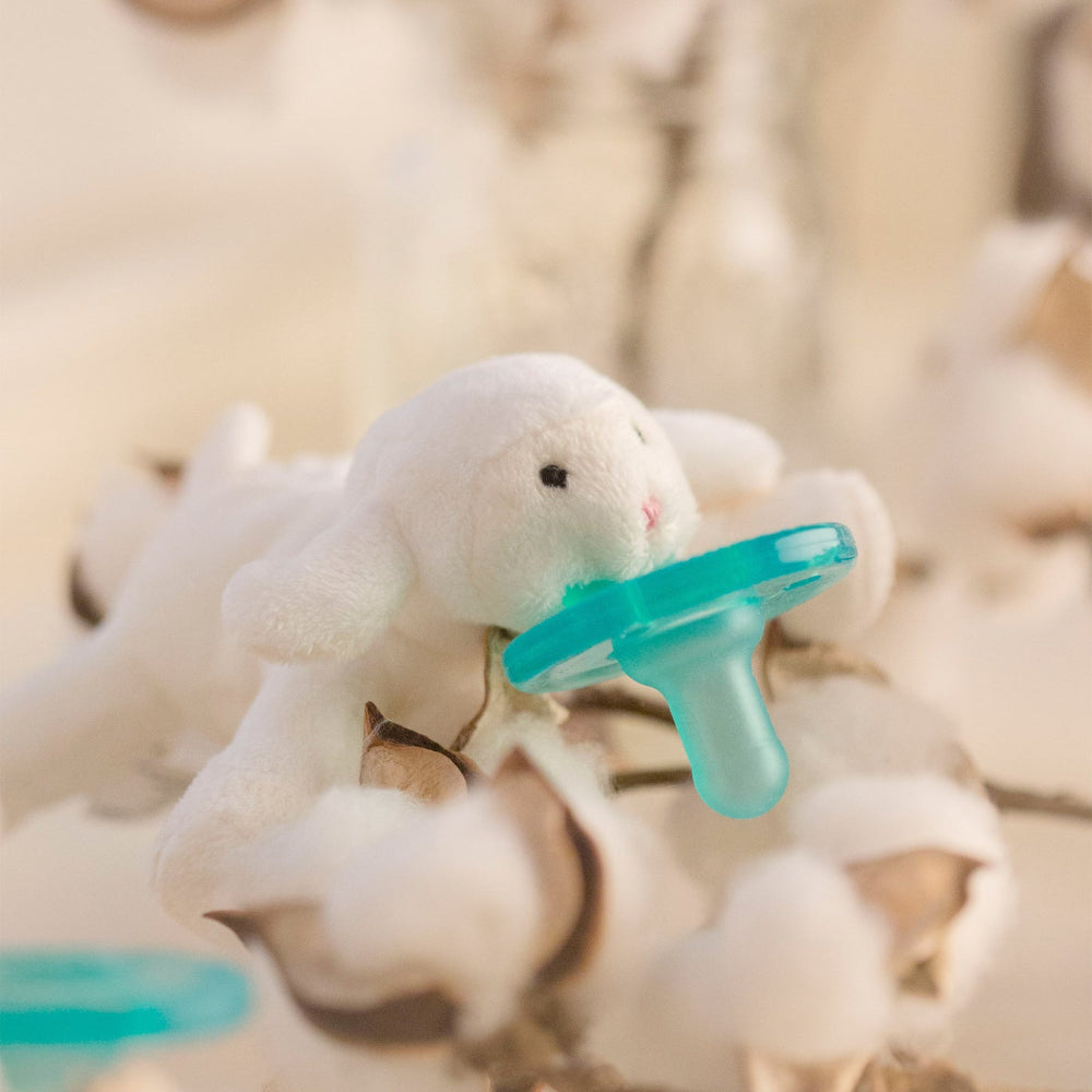 Wubbanub baby pacifier with white lamb plush and teal shield