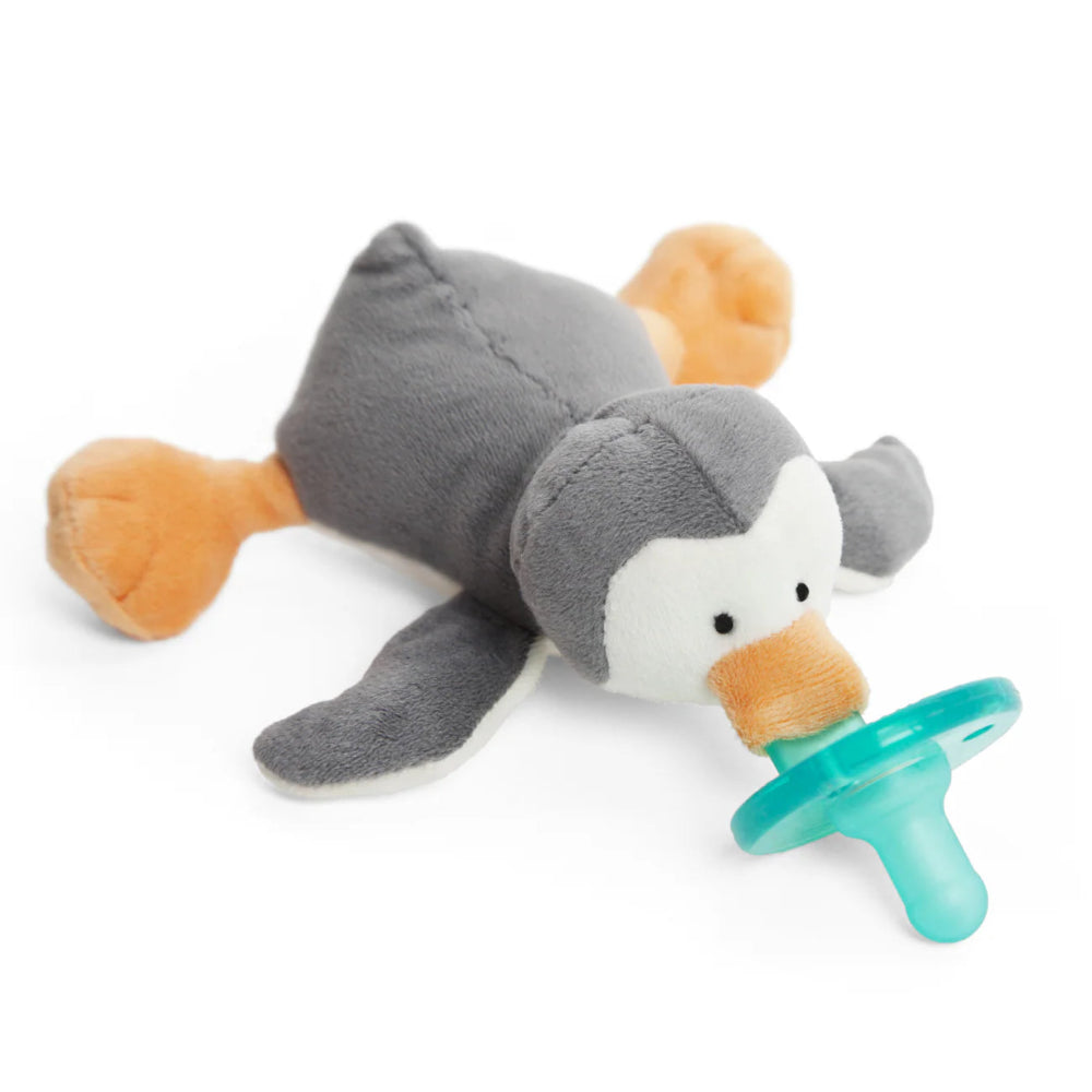 Wubbanub penguin pacifier with gray plush body and turquoise attachment
