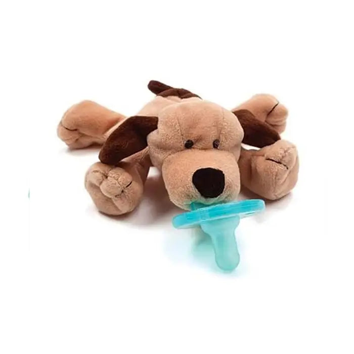 Wubbanub plush dog pacifier with teal pacifier attached