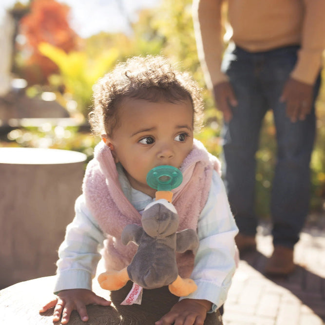 Wubbanub baby pacifier with attached grey elephant plush and mint-green pacifier, outdoors.