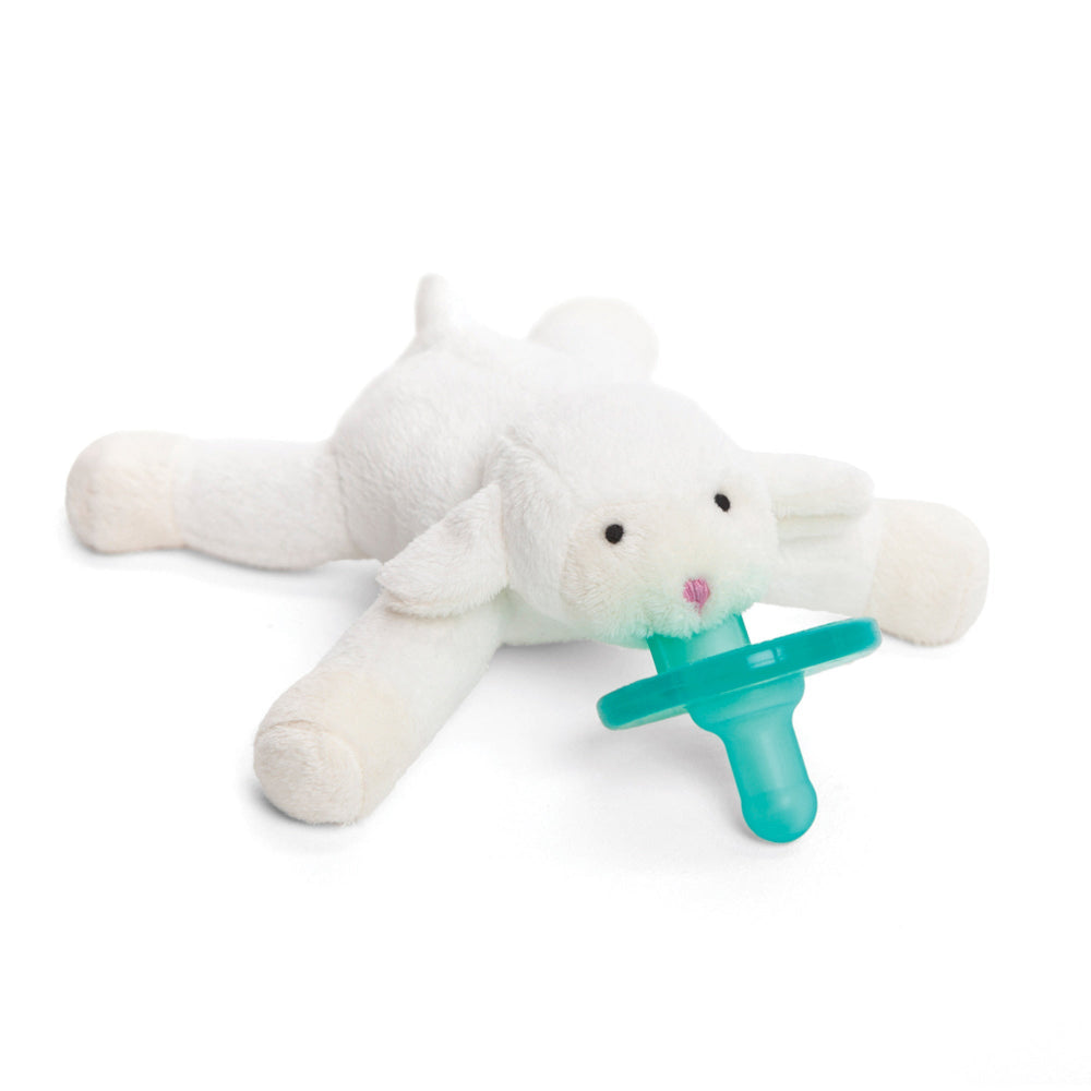 Wubbanub baby pacifier featuring a white plush lamb and a teal pacifier attachment