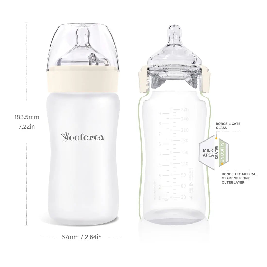 Yooforea Silicone Coated Glass Baby Bottle 9Oz/270Ml