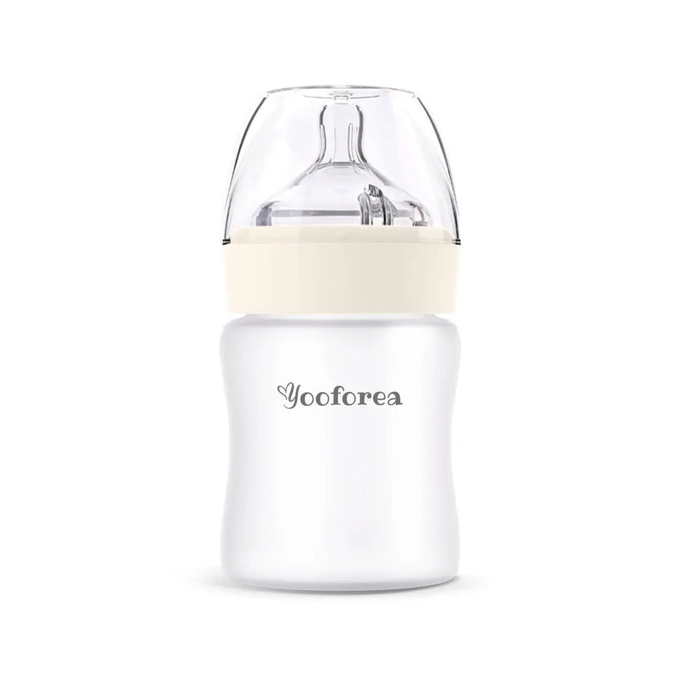 Yooforea Silicone Coated Glass Baby Bottle 5Oz/150ml, white with beige collar and clear cap, standing upright to showcase logo.