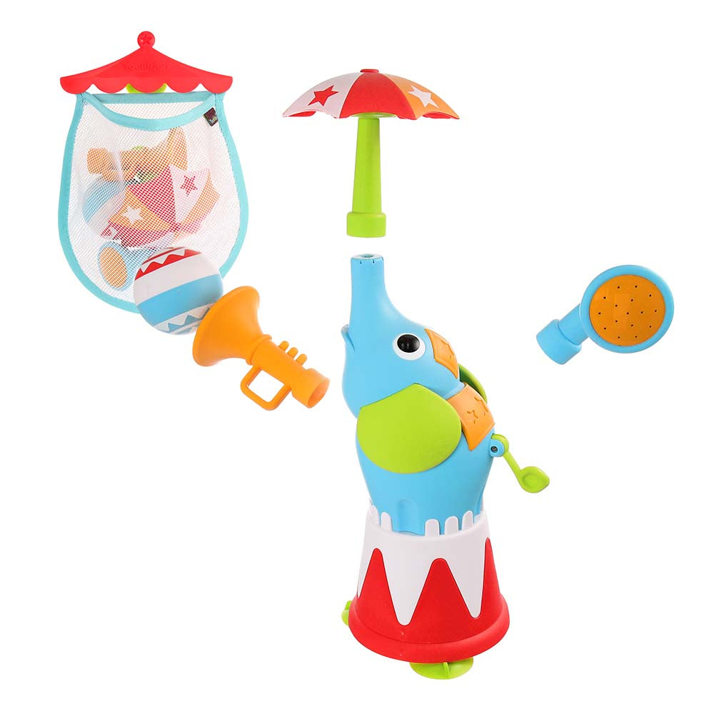 Yookidoo Elefountain Water Show bath toy set with blue elephant fountain and colorful accessories