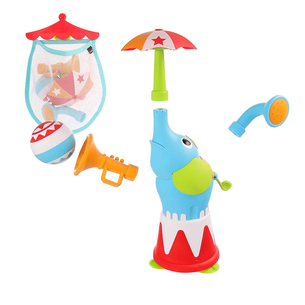 Yookidoo Elefountain Water Show bath toy set with a blue elephant fountain and colorful accessories