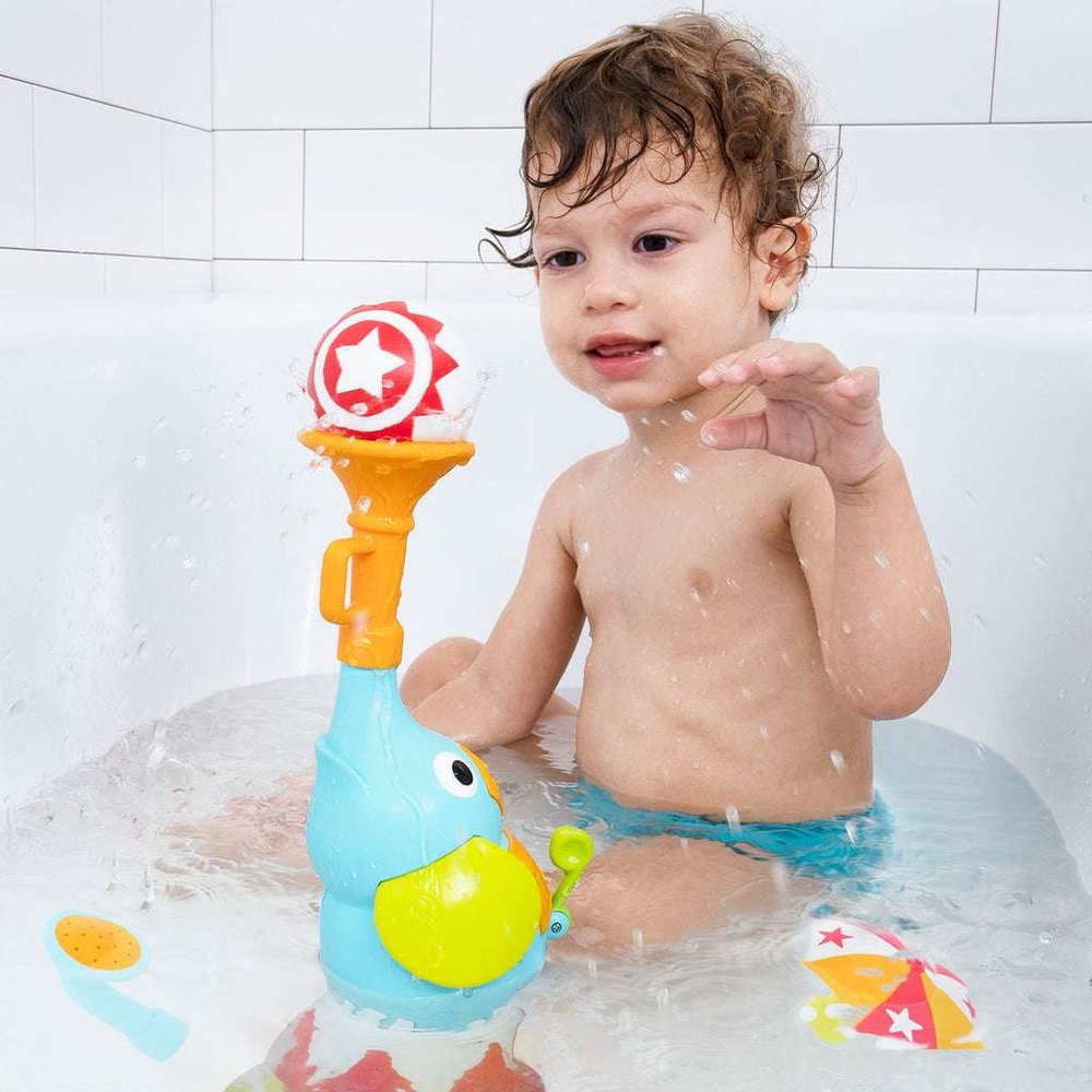 Yookidoo Elefountain Water Show bath toy; blue elephant fountain with orange top and yellow beak