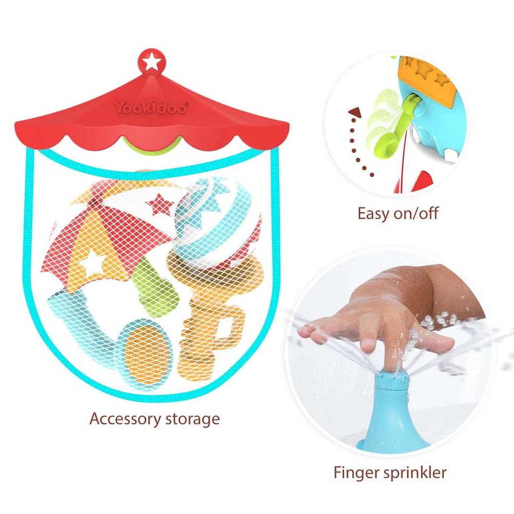 Yookidoo Elefountain Water Show bath toy with accessory storage and easy on/off finger sprinkler