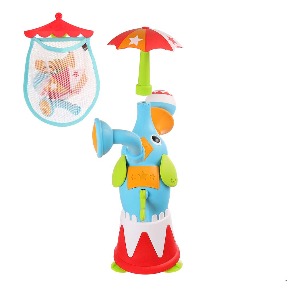 Yookidoo Elefountain Water Show bath toy; blue elephant with green fins, red base, and a red umbrella.